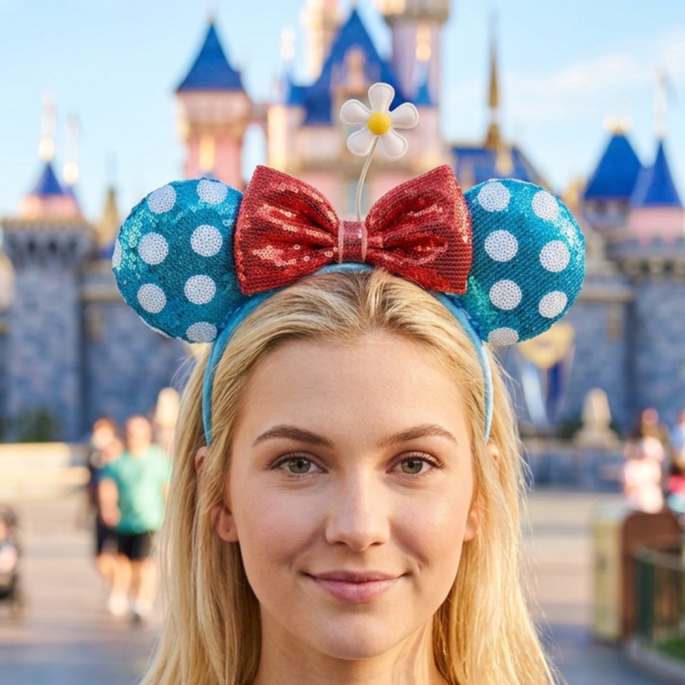 Disney Minnie Ears Headband - Blue & White Polka Dots With White Daisy